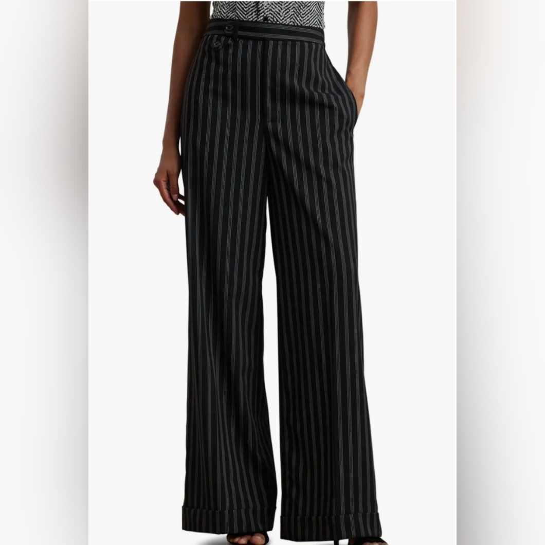 Lauren Ralph Lauren Striped Blue Silk Straight Leg Pants